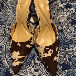 Jessica Simpson Brown and Cream Cow Print Heels